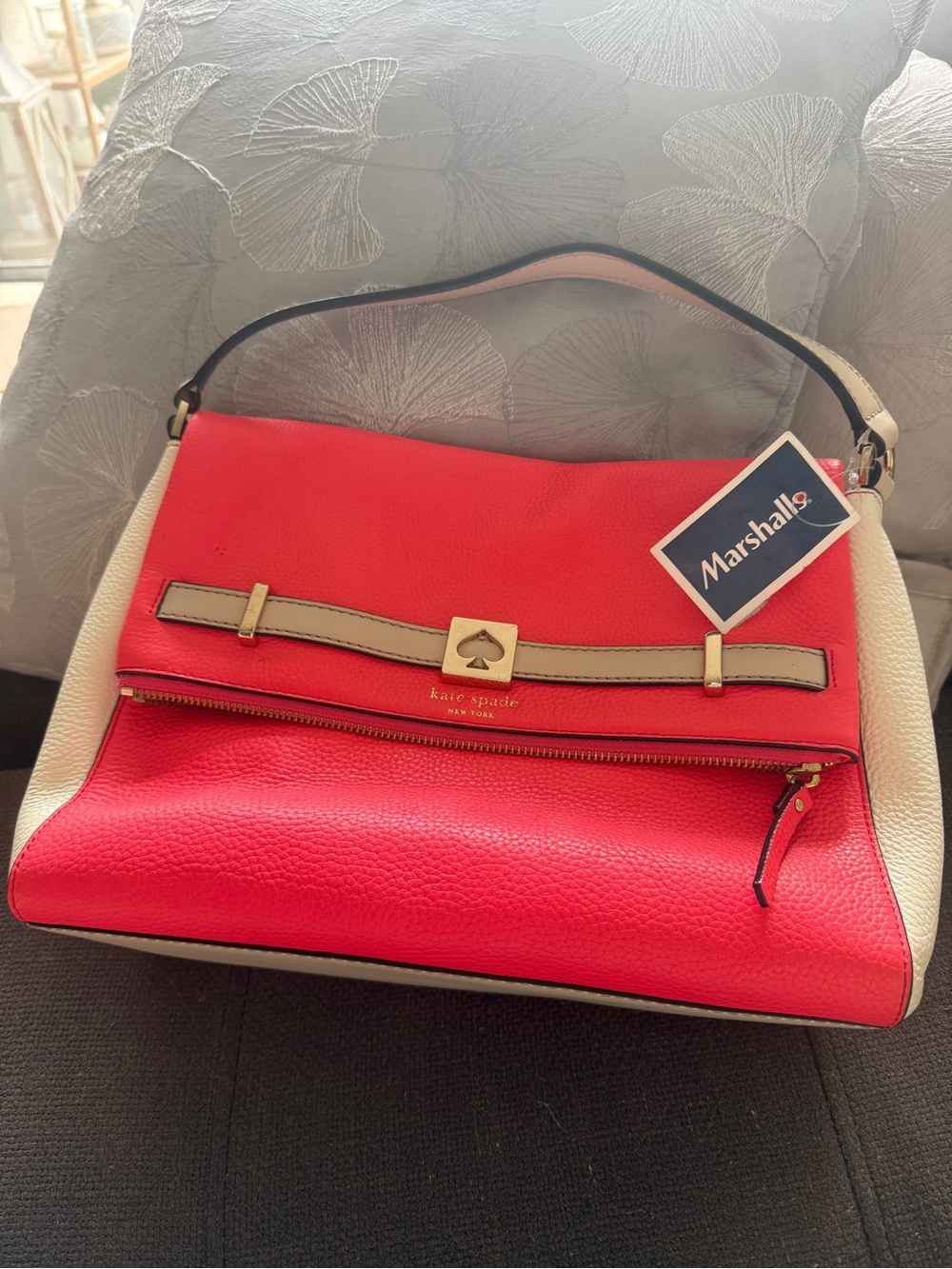 NWT Kate Spade NY Houston Street Maria Vibrant Coral /Cream leather Satchel Bag